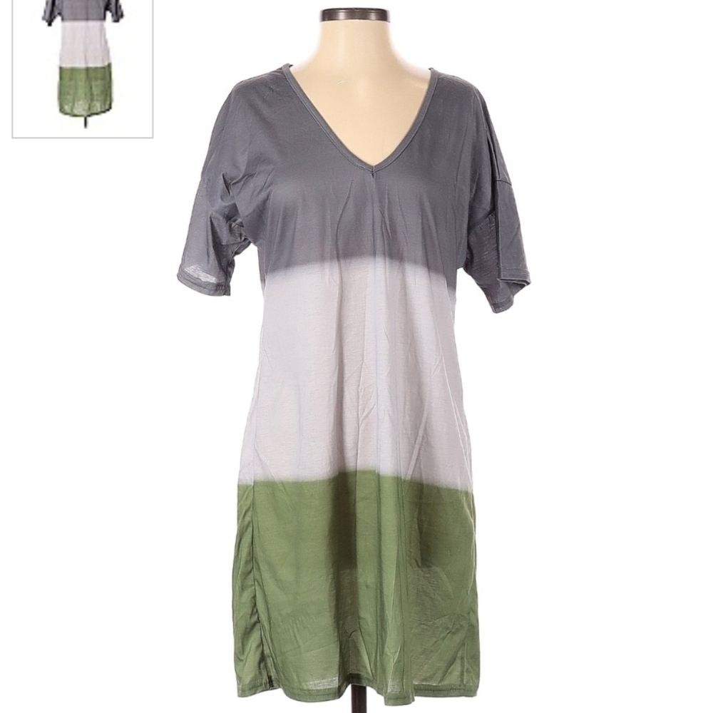 Colorblock Tie Dye Short Sleeve V-Neck T-Shirt Dress Women's Small S Grey Green